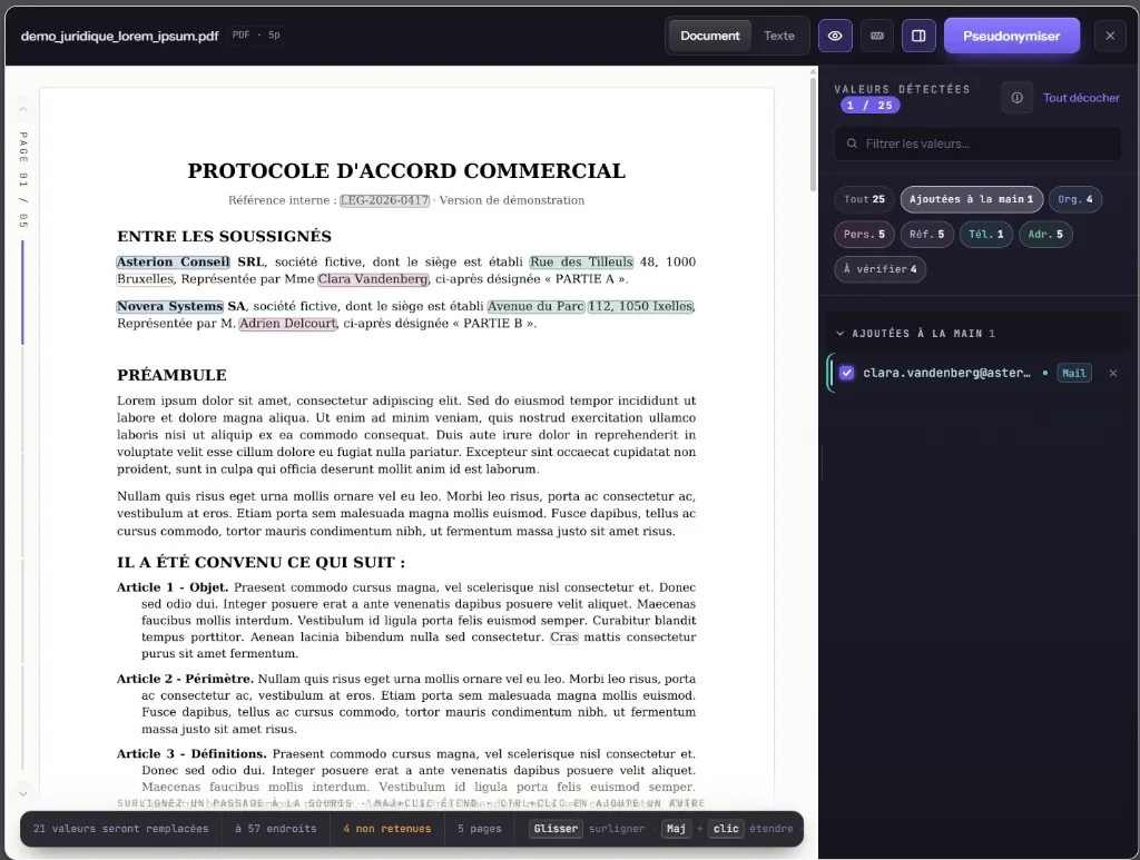Interface NYMETRA : détection des valeurs sensibles dans un document avant pseudonymisation