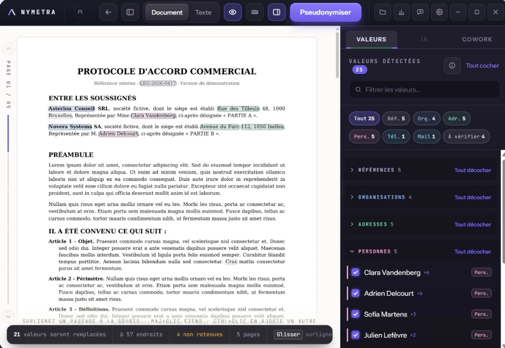 Interface NYMETRA : un protocole d’accord ouvert, ses valeurs sensibles détectées et cochées dans le panneau latéral