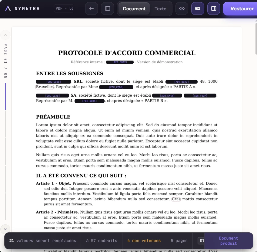 Interface NYMETRA : le protocole affiché en version pseudonymisée, prêt à être restauré