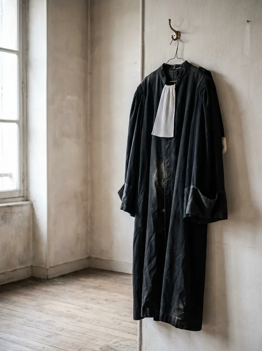 Robe d’avocat et son rabat, suspendues à une patère