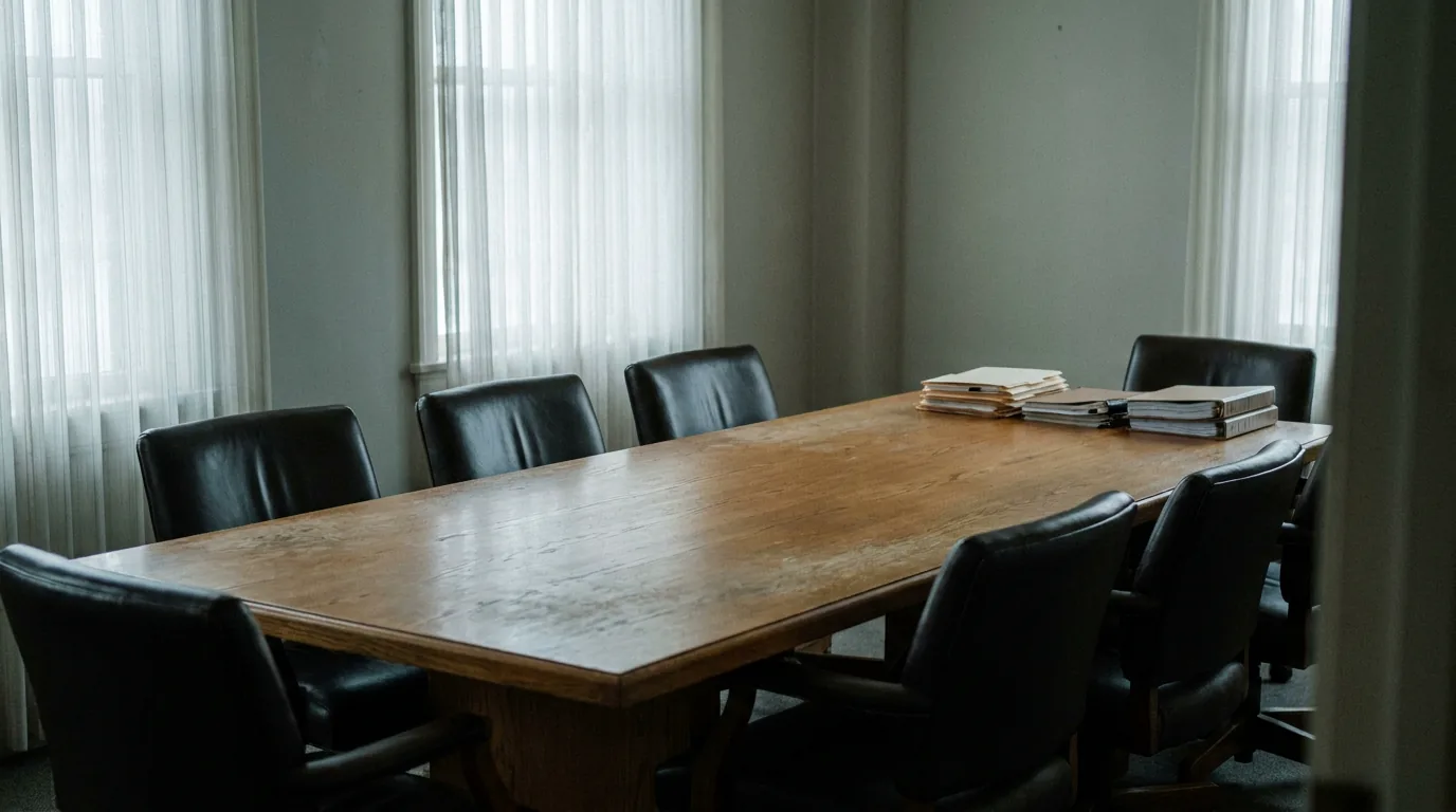 Salle de réunion d’un cabinet, table et sièges vides